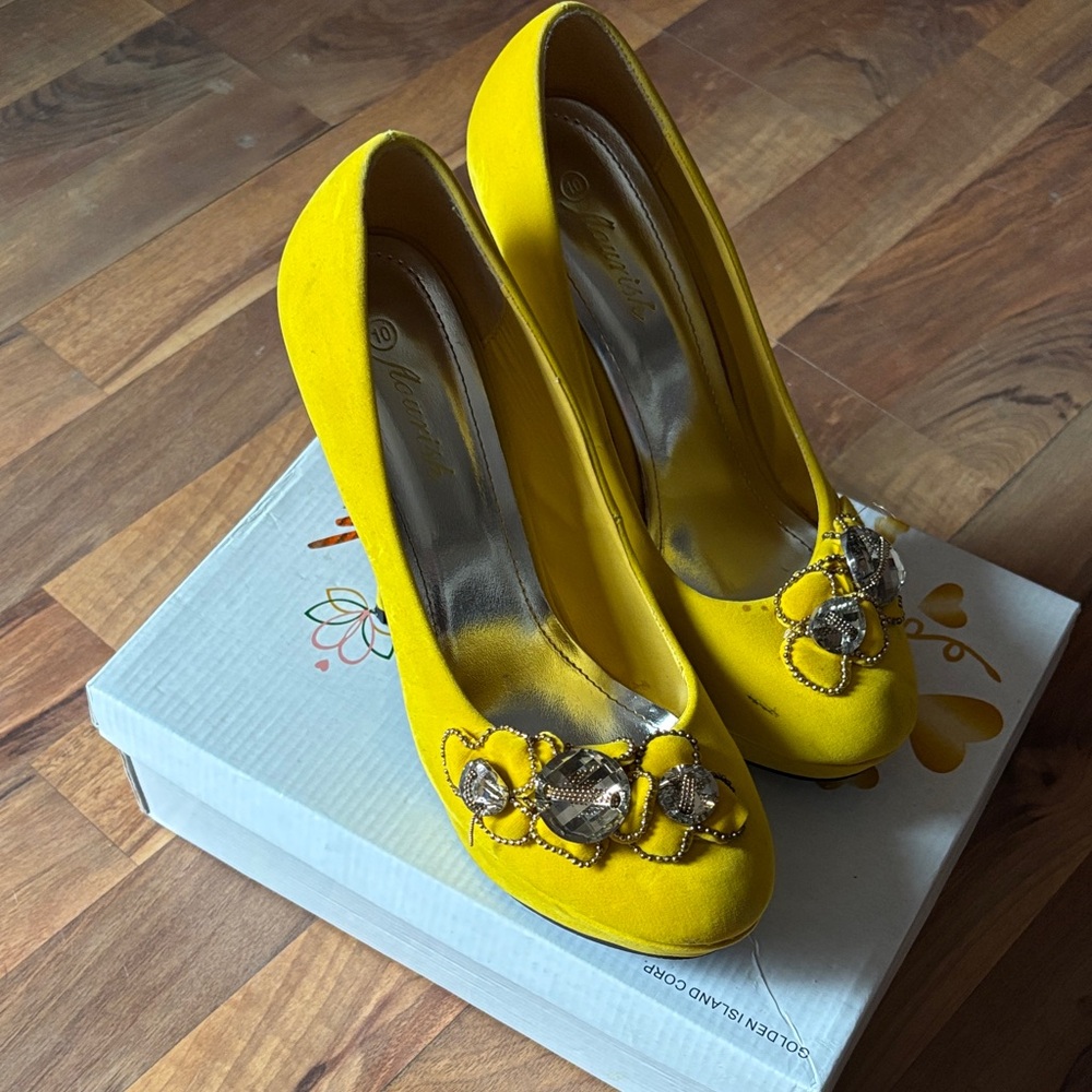Yellow Jeweled Women's Stiletto Heels